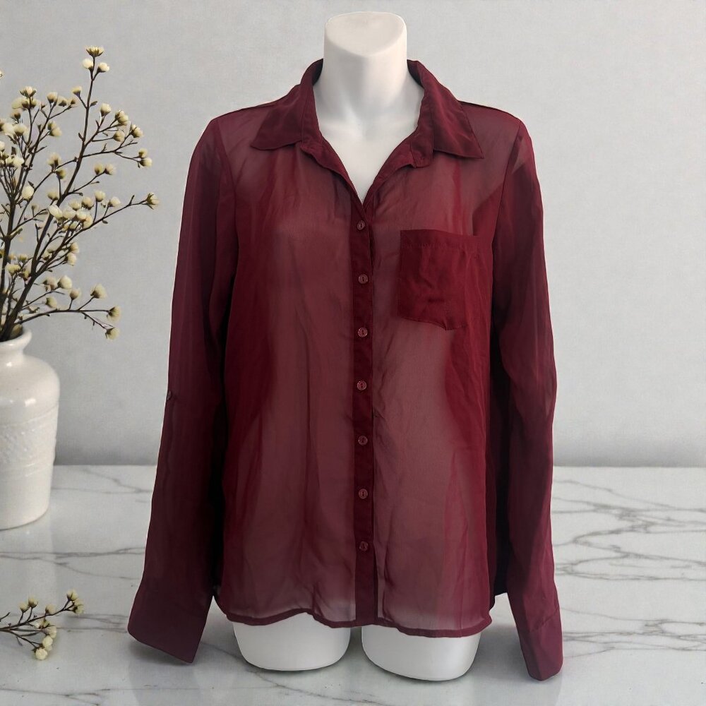 Full Tilt Sheer Burgundy Button-Down Blouse | Size M - Picture 2 of 10